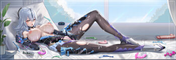 1girl absurdres ahegao anal_beads bodysuit breasts bukkake chinese_commentary commentary_request condom controller cum dakimakura_(medium) day dildo egg_vibrator female_ejaculation female_masturbation flower_pot grey_hair hair_between_eyes hair_ornament heart heart-shaped_pupils highres holding holding_remote_control indoors inset_border knee_up large_breasts lens_flare long_hair lyfe_bestla lyfe_bestla_-_infinite_sight lying masturbation multicolored_bodysuit nipple_bar nipple_piercing nipples on_back on_bed open_mouth piercing pillow plant potted_plant remote_control remote_control_vibrator rolling_eyes sex_toy sky_wbo snowbreak:_containment_zone solo symbol-shaped_pupils tongue tongue_out torn_bodysuit torn_clothes used_condom vibrator vibrator_cord window yellow_eyes
