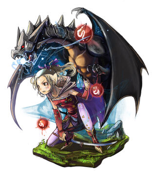 1990s_(style) 1girl bad_id bad_pixiv_id bahamut_(final_fantasy) blonde_hair blood bow crystal cuts detached_sleeves dragon energy energy_ball final_fantasy final_fantasy_vi green_eyes hair_bow high_heels injury kneeling magic pantyhose ponytail red_eyes retro_artstyle shigure_(love_letter) shoes summoning sword tina_branford weapon wings