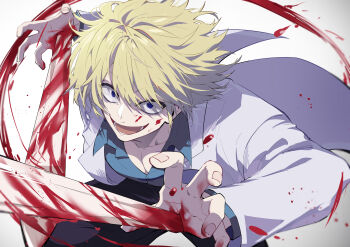 1boy absurdres arm_blade bags_under_eyes black_pants blonde_hair blood blood_on_clothes blood_on_face blood_on_hands blue_eyes blue_shirt coat commentary_request hanafusa_hajime highres kengan_(series) kengan_ashura long_sleeves male_focus nekoma_hikaru open_mouth pants pectoral_cleavage pectorals running shirt short_hair solo weapon white_coat