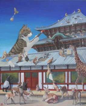 animal animal_focus antlers architecture beaver bird blue_sky building cat chimpanzee clear_sky commentary_request deer east_asian_architecture giraffe goat hawk highres horns japanese_macaque kangaroo koala matsumoto_ryohei monkey original oversized_animal paint_roller paintbrush painting_(action) painting_(medium) rabbit sky squirrel tanuki tapir tile_roof traditional_media