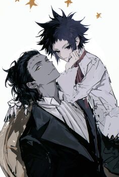 1boy 1girl absurdres black_hair black_nails black_suit blue_eyes blue_hair chair colored_skin d.gray-man dress_shirt earrings facial_mark forehead_mark formal_clothes grey_skin hair_slicked_back hand_on_chair hand_on_own_chin head_tilt highres jewelry light_frown light_smile long_sleeves looking_at_viewer mature_male messy_hair metama neckerchief noah_(d.gray-man) red_ribbon ribbon ringed_eyes road_kamelot shirt short_hair sidelocks sitting smile spiked_hair star_(symbol) stud_earrings suit tyki_mikk white_background white_neckerchief white_shirt wide_sleeves yellow_eyes yellow_star