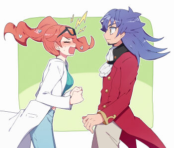 1boy 1girl ascot blush breasts clenched_hands closed_eyes cowboy_shot denim eyewear_on_head from_side hair_ornament heart heart_hair_ornament highres jeans lab_coat leon_(pokemon) looking_at_another medium_breasts nanashiba_(banntlla) nintendo open_mouth orange-tinted_eyewear orange_hair outline pants pokemon pokemon_swsh purple_hair sonia_(pokemon) sweat tinted_eyewear wavy_hair white_ascot white_outline