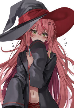 Rule 34 | 1girl, absurdres, blush, bra, coat, commentary request, green eyes, hanako nana, hat, highres, korean commentary, long hair, long sleeves, looking at viewer, mahyo, navel, panties, pink hair, red bra, red panties, solo, stellive, stomach, sweatdrop, underwear, very long hair, witch, witch hat