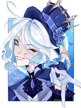 1girl ahoge aqua_eyes aqua_hair ascot blinolikiy blue_hat blue_jacket furina_(genshin_impact) genshin_impact gloves gyaru_v hair_between_eyes hat highres jacket looking_at_viewer multicolored_hair one_eye_closed portrait short_hair smile solo teeth top_hat two-tone_hair v white_hair