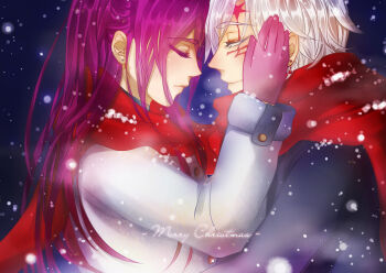 Rule 34 | 1boy, 1girl, allen walker, ancruz, black background, black coat, blue background, closed eyes, closed mouth, coat, colored eyelashes, couple, d.gray-man, earrings, english text, eyelashes, facial mark, facing another, facing to the side, floating earrings, forehead mark, gloves, gradient background, hair between eyes, hair over shoulder, hand on another's face, hand on another's waist, jewelry, lenalee lee, long hair, merry christmas, night, pink gloves, profile, purple hair, red scarf, scar, scar across eye, scar on face, scarf, shared clothes, shared scarf, short hair, sidelocks, single glove, smile, snow, snowing, star (symbol), star facial mark, stud earrings, upper body, white coat, white hair, winter, winter clothes, winter coat