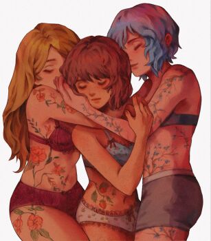 3girls blonde_hair blue_bra blue_hair body_freckles bow bow_bra bow_panties boyshort_panties bra brown_hair chloe_price closed_eyes closed_mouth commentary english_commentary flower_tattoo food food-themed_tattoo freckles fruit full-body_tattoo grey_bra grey_panties group_hug highres hug life_is_strange_(series) long_hair max_caulfield maxcrackfield multiple_girls navel panties polyamory print_bra print_panties rachel_amber red_bra red_panties short_hair simple_background standing stomach strawberry tattoo underwear underwear_only white_background yuri
