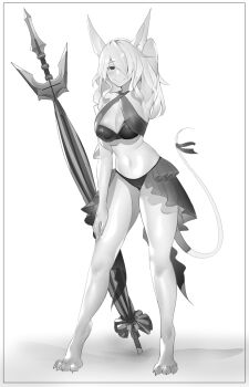 1girl absurdres arm_up armpits bikini breasts burmecian cleavage cleavage_cutout clothing_cutout commentary commission english_commentary final_fantasy final_fantasy_ix freya_crescent full_body furry furry_female hair_over_one_eye highres large_breasts leaning_forward long_hair lumpychan mouse_tail navel planted planted_polearm polearm skirt solo swimsuit tail weapon