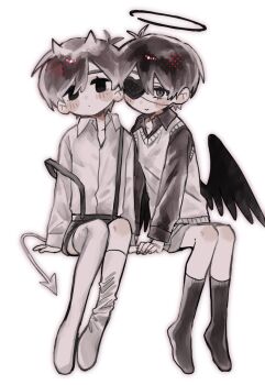 Rule 34 | 2boys, alternate costume, alternate sleeve length, angel and devil, angel wings, asymmetrical legwear, black eyes, black hair, black halo, black shirt, black shorts, black socks, black wings, blush, closed mouth, collarbone, collared shirt, commentary request, demon boy, demon horns, demon tail, dot mouth, double-parted bangs, dual persona, empty eyes, expressionless, eyebrows hidden by hair, eyepatch, feathered wings, fingernails, full body, grey shorts, hair behind ear, hair between eyes, halftone, halo, heads together, heart, heart eyepatch, highres, horns, invisible chair, kneehighs, knees together feet apart, long sleeves, male focus, multiple boys, no pupils, omori, omori (omori), one eye covered, pale skin, puffy long sleeves, puffy sleeves, rou (h s sinrin), shirt, short hair, shorts, simple background, single kneehigh, single sock, single thighhigh, sitting, smile, socks, sunny (omori), suspender shorts, suspenders, sweater vest, tail, thighhighs, very short hair, white background, white shirt, white socks, white sweater vest, white tail, white thighhighs, wings