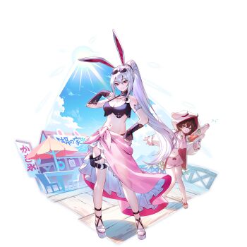 2girls alternate_costume alternate_hairstyle animal_ears armlet belt bikini black_bikini breasts carrot carrot_necklace chair cleavage closed_mouth cloud collarbone commentary_request crescent crescent_pin day ears_through_hood eyewear_on_head game_cg grey_hair highres hood inaba_tewi jewelry long_sleeves looking_at_viewer multiple_girls navel necklace non-web_source official_art outdoors pendant pink_sarong pink_shorts platform_sandals ponytail rabbit_ears red_eyes reisen_udongein_inaba sandals sarong second-party_source shop shorts smile stomach sun sunglasses swimsuit table thigh_belt thigh_strap touhou touhou_gensou_eclipse translation_request transparent_background u_u_zan umbrella water_gun white_sandals