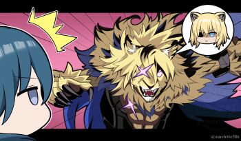 1boy 1girl alternate_form animal_ears armor black_armor blonde_hair blue_cape blue_eyes blue_hair cape chibi chibi_only closed_mouth dark_persona dimitri_alexandre_blaiddyd dimitri_alexandre_blaiddyd_(blue_lion) dimitri_alexandre_blaiddyd_(timeskip) eyepatch fangs female_byleth_(fire_emblem) fire_emblem fire_emblem:_three_houses fire_emblem_shadows fur-trimmed_cape fur_trim glowing glowing_eyes glowing_scar komurice lion_boy lion_ears long_hair male_focus nintendo open_mouth purple_eyes sharp_teeth simple_background solo_focus teeth upper_body