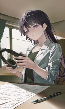 1girl bang_dream! bang_dream!_it's_mygo!!!!! black_hair closed_mouth collared_shirt commentary_request curtains frown green_shirt headphones highres holding holding_headphones indoors long_hair looking_at_viewer making-of_available mole mole_under_eye open_clothes open_shirt pop-a-point_pencil purple_eyes shadow sheet_music shiina_taki shirt sleeves_rolled_up solo table umie_(iowae) undershirt window