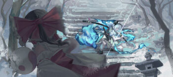 2girls absurdres blue_fire bow bruce_1354 confrontation fire ghost hakama hakurei_reimu highres japanese_clothes katana konpaku_youmu lantern long_hair multiple_girls orb red_bow short_hair snow spirit stairs sword touhou tree weapon winter yin_yang yin_yang_orb