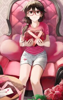 >:) 1girl armchair bambietta_basterbine black_hair bleach bleach:_sennen_kessen-hen bouquet box brown_eyes casual chair closed_mouth clothes_writing commentary deadman70232800 english_commentary feet_out_of_frame flower gift glasses hair_between_eyes heart heart-shaped_box heart-shaped_pillow heart_print highres holding holding_box holding_gift indoors letter long_hair looking_at_viewer love_letter official_alternate_costume pillow pink_shirt print_shorts quincy_(bleach) red-framed_eyewear red_flower red_rose rose shirt short_sleeves shorts sitting smile smug solo v-shaped_eyebrows valentine white_shorts