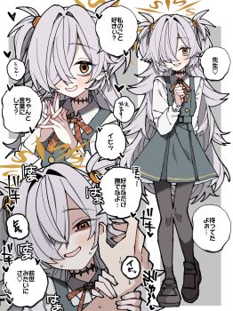 1boy 1girl :d bags_under_eyes black_dress black_eyes black_pantyhose black_shoes blue_archive blush bright_pupils brown_eyes buttons choker clenched_hands collared_shirt commentary diagonal-striped_ribbon double-breasted dress evil_smile excited eyeball_hair_ornament full_body hair_bobbles hair_intakes hair_ornament hair_over_one_eye halo heart heart-shaped_pupils heart_background highres holding holding_another&#039;s_wrist jewelry kanoe_(blue_archive) layered_clothes layered_sleeves long_hair long_sleeves messy_hair mojyo multicolored_eyes multiple_views neck_ribbon necktie oomori_(kswmr) open_mouth orange_halo own_hands_together pantyhose pinafore_dress portrait puffy_sleeves red_choker ribbon ring school_uniform sensei_(blue_archive) shirt shoes simple_background sleeveless sleeveless_dress smile sound_effects speech_bubble spiked_hair sweatdrop symbol-shaped_pupils talking translation_request two-tone_eyes two_side_up upper_body very_long_hair wavy_mouth white_background white_pupils white_shirt white_sleeves