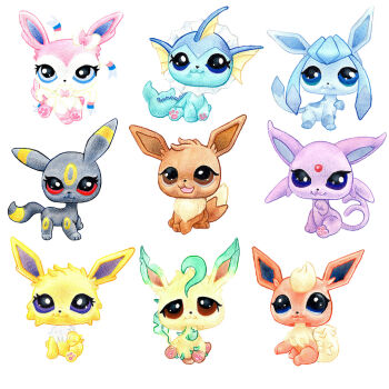 Rule 34 | colored pencil (medium), eevee, espeon, eyelashes, flareon, gen 1 pokemon, gen 2 pokemon, gen 4 pokemon, gen 6 pokemon, glaceon, jolteon, leafeon, littlest pet shop, nintendo, no humans, parody, pokemon, pokemon (creature), style parody, sylveon, traditional media, umbreon, vaporeon, very big eyes, white background, xxalienyolkxx