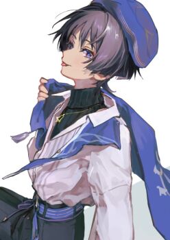 1boy arm_at_side belt beret black_hair black_pants black_shirt blue_hat blue_shawl blunt_ends casual collared_shirt contemporary drawstring eyelashes eyeliner eyeshadow from_side genshin_impact gold_necklace gold_pendant gold_trim hand_up hat itogens jewelry long_sleeves looking_at_viewer makeup male_focus necklace official_alternate_costume pants purple_belt purple_eyes red_eyeliner red_eyeshadow ribbed_shirt scaramouche_(genshin_impact) shawl shirt shoulder_peek solo striped_belt tassel tongue tongue_out turtleneck turtleneck_shirt undershirt wanderer_(genshin_impact) wanderer_(wanderer_impression)_(genshin_impact) white_background white_shirt white_sleeves white_trim wispy_bangs