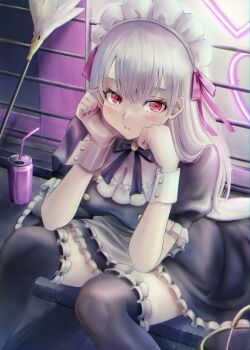 1girl absurdres apron black_dress black_thighhighs blush breasts bucket cleavage commentary cosplay dress essan0905 fate/grand_order fate_(series) hair_over_shoulder head_rest highres kama_(fate) kama_(fate)_(cosplay) kama_(first_ascension)_(fate) kama_(mistake)_(second_ascension)_(fate) kama_(teenager)_(fate) kama_(young)_(fate) light_blush long_hair looking_at_viewer maid maid_apron maid_headdress medium_breasts pout red_eyes self_cosplay sitting soda solo thighhighs white_hair