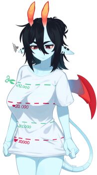 1girl adversarial_noise black_hair breasts brown_eyes cowboy_shot earrings hair_between_eyes highres horns jewelry large_breasts medium_hair meme original pale_skin pointy_ears shirt_tug short_sleeves simple_background solo white_background wings yoako