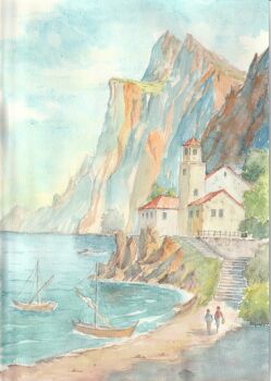 boat building church cliff commentary_request day highres hill landscape ocean original outdoors painting_(medium) paruperu path people real_world_location road sailboat scenery shore stairs tower traditional_media watercolor_(medium) watercraft