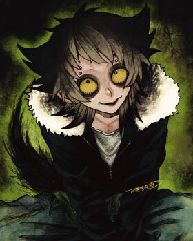 Rule 34 | 1boy, arms between legs, aye-aye, baggy pants, bags under eyes, black background, black hair, black jacket, blonde hair, eyebrow piercing, face piercing, fur-trimmed jacket, fur trim, green background, hair ears, highres, jacket, looking at viewer, male focus, original, pants, personification, piercing, piyopiyo031015, short hair, solo, tail, upper body, yellow eyes
