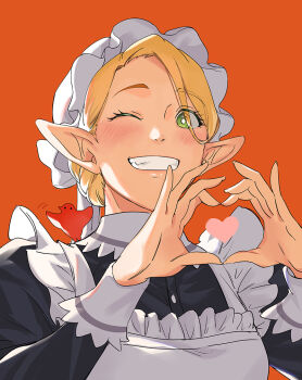 1girl apron black_dress blonde_hair blush bonnet breasts collared_dress commentary_request dress dungeon_meshi elf green_eyes grin heart heart_hands looking_at_viewer maid maid_apron marcille_donato medium_breasts one_eye_closed orange_background parted_bangs pointy_ears smile solo swept_bangs teeth updo upper_body white_apron white_bonnet yumi_zua