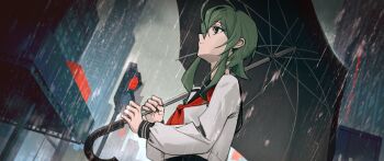 1girl blue_sailor_collar building closed_mouth cloud cloudy_sky crosswalk_sign expressionless green_eyes green_hair gumi highres long_sleeves medium_hair neckerchief rain red_neckerchief sailor_collar shirt sidelocks sky skyscraper solo umbrella vocaloid white_shirt wounds404
