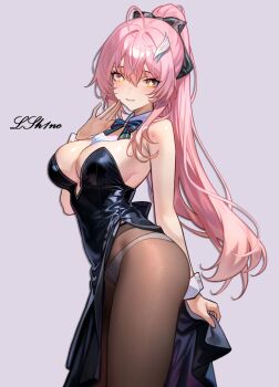 1girl aemeath_(wuthering_waves) alternate_costume artist_name bare_shoulders black_bow black_bowtie black_dress black_pantyhose blush bow bowtie breasts cleavage closed_mouth commentary_request cowboy_shot dress hair_between_eyes hair_bow hand_up highres large_breasts long_hair looking_at_viewer lsh1ne panties panties_under_pantyhose pantyhose pink_background pink_hair signature solo star-shaped_pupils star_(symbol) symbol-shaped_pupils underwear white_panties wuthering_waves yellow_eyes