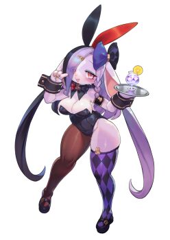 1girl alcohol animal_ears asymmetrical_legwear black_bow black_bowtie black_hair black_leotard black_shoes bow bowtie braid braided_sidelocks breasts bunnimals cleavage cocktail commentary_request curvy drink fake_animal_ears furry furry_female hair_bow hair_over_one_eye holding holding_tray large_breasts leotard long_hair lupinus_(bunnimals) mismatched_legwear multicolored_hair official_art open_mouth pink_eyes playboy_bunny purple_fur purple_hair rabbit_ears rabbit_girl rikose shoes shortstack simple_background smile solo standing tachi-e tray two-tone_hair very_long_hair white_background wide_hips wrist_cuffs