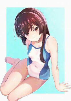 Rule 34 | 1girl, aqua background, blue one-piece swimsuit, blunt bangs, border, breasts, brown eyes, brown hair, closed mouth, commentary request, covered navel, groin, highres, hime cut, juujou hiyori, long hair, looking at viewer, multicolored swimsuit, one-piece swimsuit, osafune katsuobushi kobo, outside border, shade, simple background, sitting, small breasts, smile, solo, swimsuit, toji no miko, white border, white one-piece swimsuit, yokozuwari