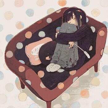 1girl black_hair black_sweater closed_eyes couch grey_pants highres holding hugging_own_legs ka_(996beshi) knees_up long_sleeves on_couch original pants polka_dot socks solo sweater white_socks