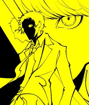 Rule 34 | 2boys, adachi tooru, beliadada, collared shirt, commentary request, commission, formal clothes, korean commentary, long sleeves, looking at viewer, male focus, monochrome, multiple boys, narukami yu, necktie, persona, persona 4, second-party source, shirt, short hair, suit, upper body, yellow theme