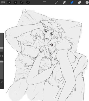 2girls aizheajsee blue_eyes border ghost_in_the_shell grey_background greyscale highres hug lying lying_on_person medium_hair monochrome multiple_girls on_back pillow procreate_(medium) purple_eyes spot_color tank_top user_interface white_border yuri