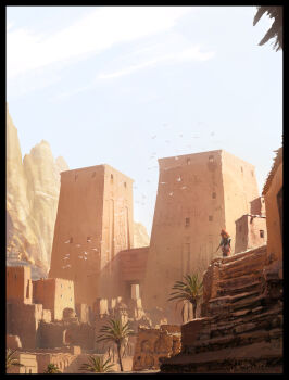 2others absurdres ancient_egyptian assassin's_creed:_origins assassin's_creed_(series) blue_sky canyon commentary day english_commentary flock from_behind highres monument multiple_others outdoors painterly palm_tree raphael-lacoste red_hood sandstone scenery signature sky stairs sunlight tree village