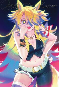 1girl animal_ears asymmetrical_pants bandana_around_arm bare_shoulders belt belt_buckle black_vest blonde_hair blue_eyes blue_hair breasts buckle character_name cleavage commentary_request gradient_hair hand_on_own_hip highres horse_ears horse_girl horse_tail jewelry korean_commentary large_breasts leaning_forward long_hair looking_at_viewer midriff multicolored_hair necklace obey_your_master_(umamusume) one_eye_closed ooo8_q open_mouth smile solo star-shaped_pupils star_(symbol) star_necklace symbol-shaped_pupils tail thighs umamusume umamusume:_cinderella_gray vest w w_over_eye white_belt yellow_nails yellow_tail