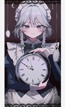 1girl apron blue_dress bow braid braided_sidelock brooch clock commentary dress frilled_apron frills glint green_bow grey_eyes grey_hair hair_bow holding_clock izayoi_sakuya jewelry juliet_sleeves long_sleeves looking_at_object maid maid_apron maid_headdress pillar puffy_sleeves sarukana short_hair smile solo touhou white_apron