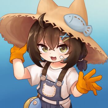 Rule 34 | 1girl, :3, absurdres, ahoge, azur lane, bandaid, brown hair, character request, commentary request, flat chest, gloves, green eyes, hair ornament, hat, highres, looking at viewer, open mouth, orange gloves, overalls, shirt, shoboimu, short hair, short sleeves, solo, white shirt, x hair ornament