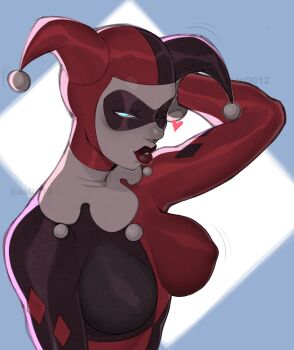 1girl absurdres batman_(series) black_bodysuit black_mask blue_eyes bodysuit breasts commentary covered_erect_nipples dc_comics domino_mask english_commentary eye_mask harley_quinn harley_quinn_(classic) highres jsq012 large_breasts mask multicolored_bodysuit pale_skin red_bodysuit solo two-tone_bodysuit upper_body