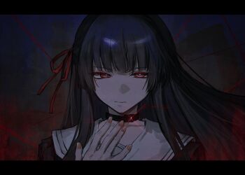 Rule 34 | 1girl, black choker, black hair, chisa (wuthering waves), choker, closed mouth, commentary request, fingernails, hair ribbon, hand up, highres, letterboxed, long hair, mole, mole under eye, portrait, red eyes, red ribbon, ribbon, sailor collar, solo, takamatu hajime, white sailor collar, wuthering waves