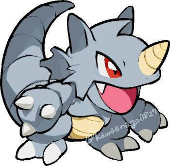 chibi chibi_only commentary_request fang full_body gen_1_pokemon horns kawaanago lowres nintendo no_humans open_mouth pokemon pokemon_(creature) pokemon_focus red_eyes rhydon single_horn solo transparent_background twitter_username