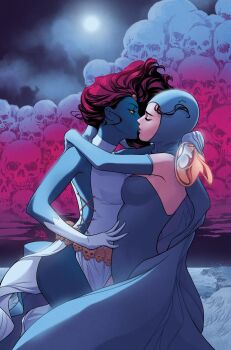 2girls blue_cape blue_gloves blue_skin brown_hair cape character_request colored_sclera colored_skin comic_cover commentary couple dress elbow_gloves english_commentary floating_hair gloves glowing glowing_eyes gradient_sky highres holding holding_mask kiss long_hair marvel mask multiple_girls mystique official_art profile red_hair russell_dauterman skull_belt sky superhero_costume unworn_mask white_dress white_gloves x-men yellow_sclera yuri
