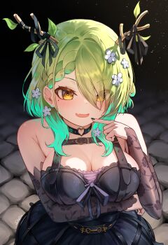 1girl absurdres antler_ribbon antlers arm_under_breasts black_choker black_dress black_ribbon black_sleeves blush braid breasts ceres_fauna ceres_fauna_(goth) choker cleavage commentary crinoline detached_sleeves dio_dio dress english_commentary eyes_visible_through_hair fang floral_print flower frilled_dress frills goth_fashion gradient_hair green_hair hair_flower hair_ornament hair_over_one_eye harness heart heart_choker highres hololive hololive_english horns lace lace_sleeves large_breasts long_hair looking_at_viewer mole mole_under_eye multicolored_hair o-ring o-ring_choker o-ring_harness official_alternate_costume open_mouth ribbon side_braid signature skin_fang solo strapless strapless_dress virtual_youtuber yellow_eyes