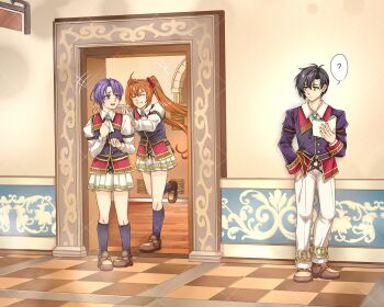 Rule 34 | 1boy, 2girls, ?, ahoge, antenna hair, black hair, black socks, brooch, brown hair, closed eyes, closed mouth, commentary, commission, curtained hair, double-parted bangs, eiyuu densetsu, embarrassed, english commentary, estelle bright, folded collar, full body, grin, hair between eyes, hair intakes, hand in pocket, highres, indoors, jewelry, joshua bright, kloe rinz, long hair, multiple girls, open mouth, pants, parted bangs, purple eyes, purple hair, school uniform, short hair, skirt, smile, socks, sora no kiseki, twintails, watermark, watermark grid, white pants, white skirt, yuzukiyo