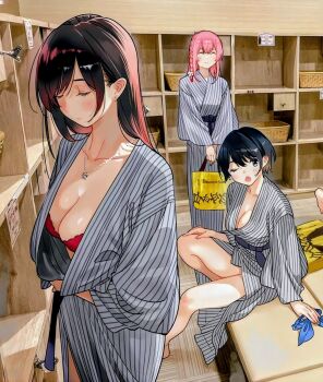 3girls bag barefoot black_hair bra braid breasts cleavage closed_eyes closed_mouth double-parted_bangs dressing_room expressionless grey_hair highres holding holding_bag indoors japanese_clothes jewelry kanojo_okarishimasu kimono large_breasts long_hair mizuhara_chizuru multiple_girls necklace official_art on_bench one_eye_closed open_mouth pink_hair red_bra sakurasawa_sumi sarashina_ruka short_hair side_braid sitting standing straight_hair striped_clothes striped_kimono third-party_source underwear vertical-striped_clothes vertical-striped_kimono yellow_bag yukata
