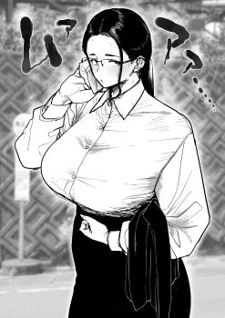 1girl absurdres blurry blurry_background breasts etsuzan_jakusui glasses greyscale hand_up highres huge_breasts long_hair long_sleeves looking_at_viewer monochrome office_lady original photo_background ponytail sweat_stain wiping