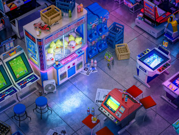 akira_(manga) ale-8-one_(drink) arcade arcade_cabinet bad_artstation_link bad_link bandai beer_crate bottle can chopsticks crane_game crate electric_fan gashapon glass_bottle gundam gundam_seed highres ito-en kaneda_shoutarou's_bike kirby kirby_(series) lacus_clyne newspaper nintendo omorphia original oyster_pail pocari_sweat sega star_(symbol) stool