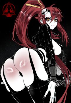 1girl alternate_costume ass ass_focus bent_over bikini bikini_top_only black_jacket black_nails breasts cleavage dizzle from_behind gloves hair_ornament highres jacket large_breasts limited_palette long_hair looking_at_viewer looking_back night night_sky ponytail presenting presenting_ass red_hair sky smile solo swimsuit tengen_toppa_gurren_lagann thighhighs thighs yellow_eyes yoko_littner