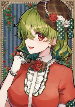 1girl alternate_costume blush breasts commentary_request earrings flower frills gloves green_hair hat highres jewelry kazami_yuuka medium_breasts medium_hair one_eye_covered parted_lips portrait red_eyes red_flower red_rose red_shirt ring rose shironeko_yuuki shirt short_sleeves smile solo teeth touhou upper_body upper_teeth_only wavy_hair white_gloves