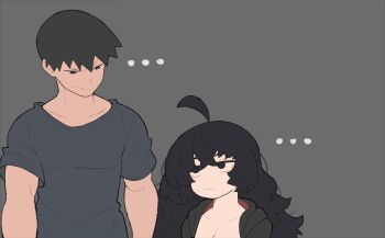 ... 1boy 1girl ahoge angry black_hair black_hoodie black_shirt english_text frown hair_between_eyes height_difference highres hood hoodie looking_down looking_up original shirt simple_background vammzu