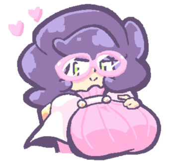 1girl breasts capelet closed_mouth cropped_torso glasses green_eyes jaggy_lines large_breasts looking_at_viewer medium_hair nintendo pink-framed_eyewear pink_sweater pokemon pokemon_sm purple_hair round_eyewear simple_background smile solo sweater viviluxe white_background white_capelet wicke_(pokemon)