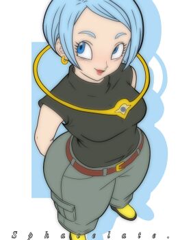ass belt blue_eyes blue_hair bob_cut bulma cargo_pants commentary curvy dragon_ball dragon_ball_xenoverse_3 english_commentary highres huge_ass jewelry looking_to_the_side looking_up pants seroyyume17 sleeveless thick_thighs thighs turtleneck